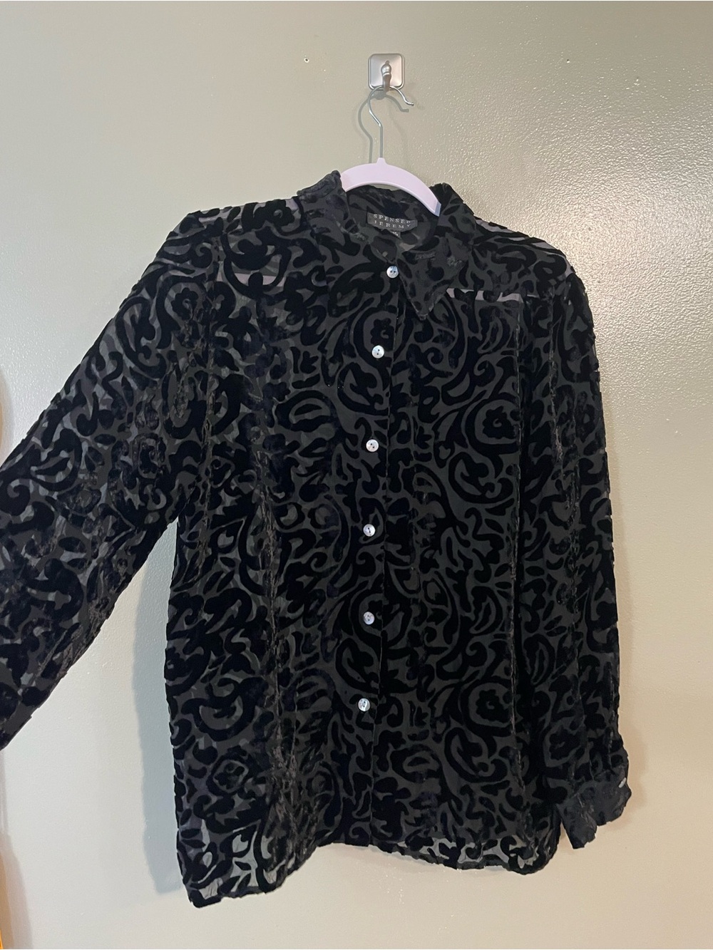 Black Burnout Velvet Button-Up Shirt Silk Spencer Jeremy Y2K M